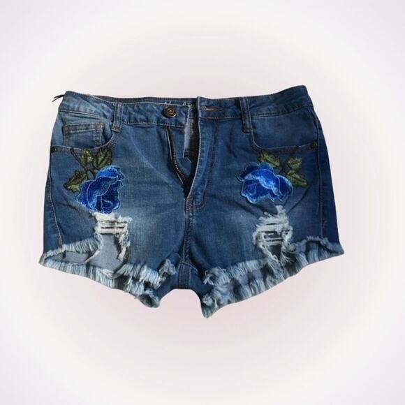 Machine Embroidered Distressed Denim Cutoff Shorts | Sz M - Picture 1 of 5